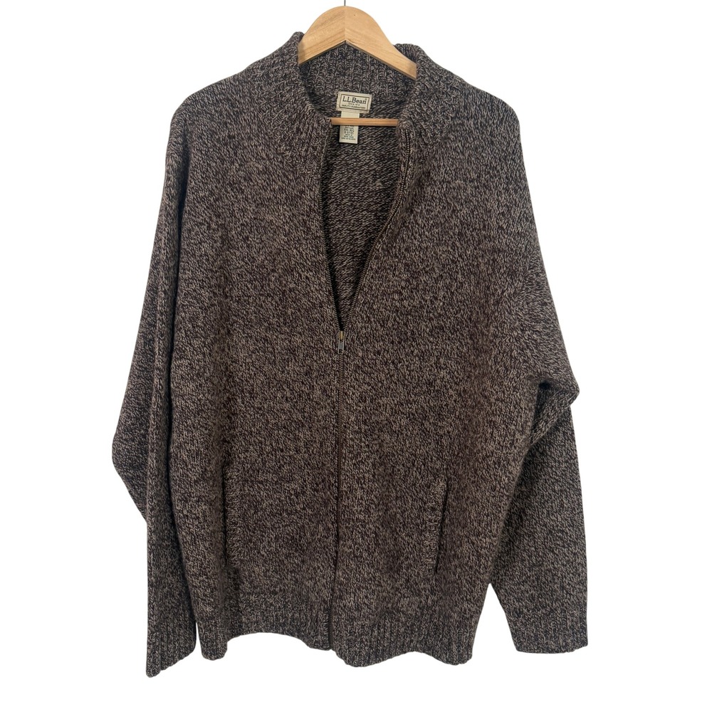 LL Bean Full Zip Sweater Mens XXL Brown Shetland Wool Cardigan Marled Mock Neck